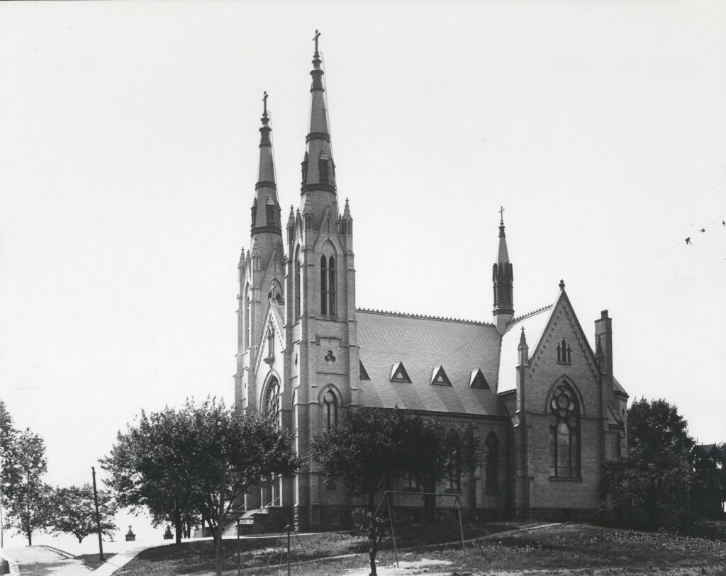 Photo of St. Andrew's on its hill in black and white